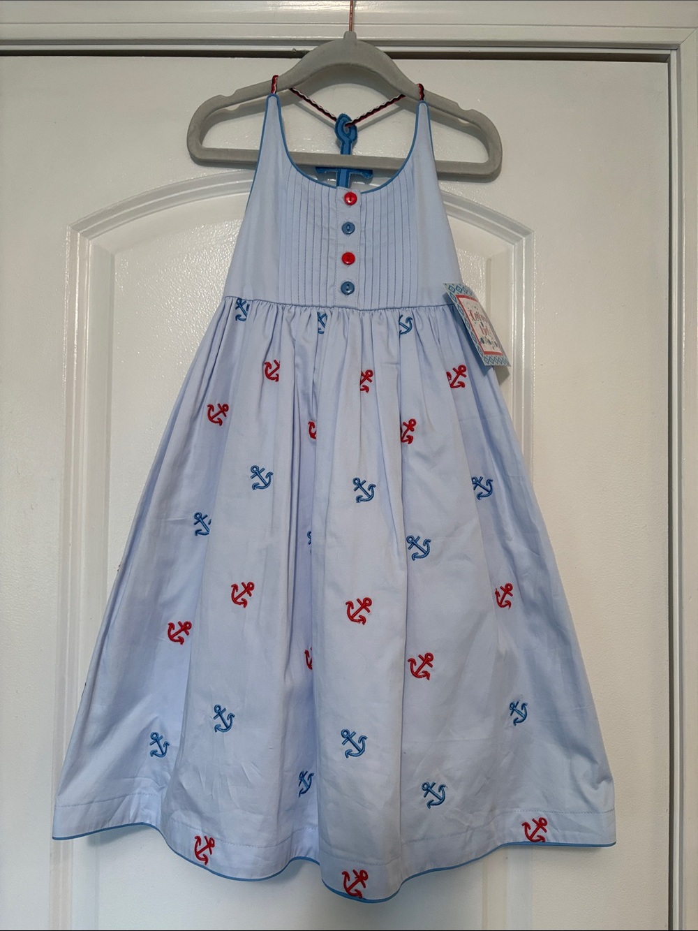 Light Blue Anchor-Print Girls' Sundress with Red & Blue Accents
